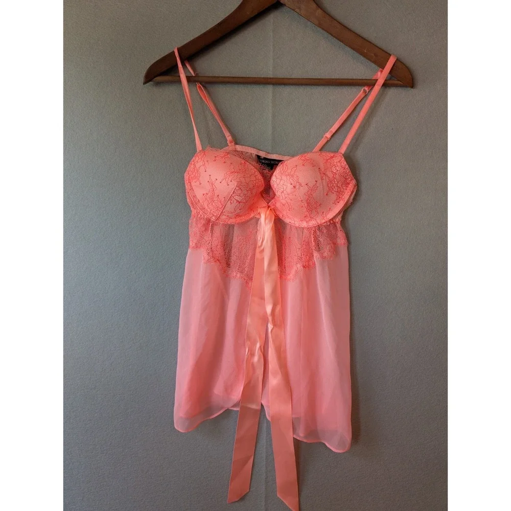 VICTORIAS SECRET Lace Peach Flyaway Sexy Padded Nightie Ribbon Underwire Bra 34B